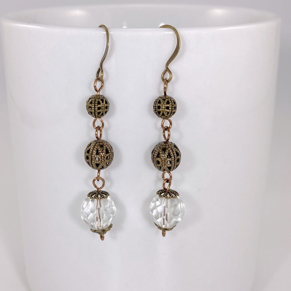 Hand Crafted Jewelry - Crystal & Brass Filigree Earrings, Handmade, Antique Brass, Victorian, Baroque